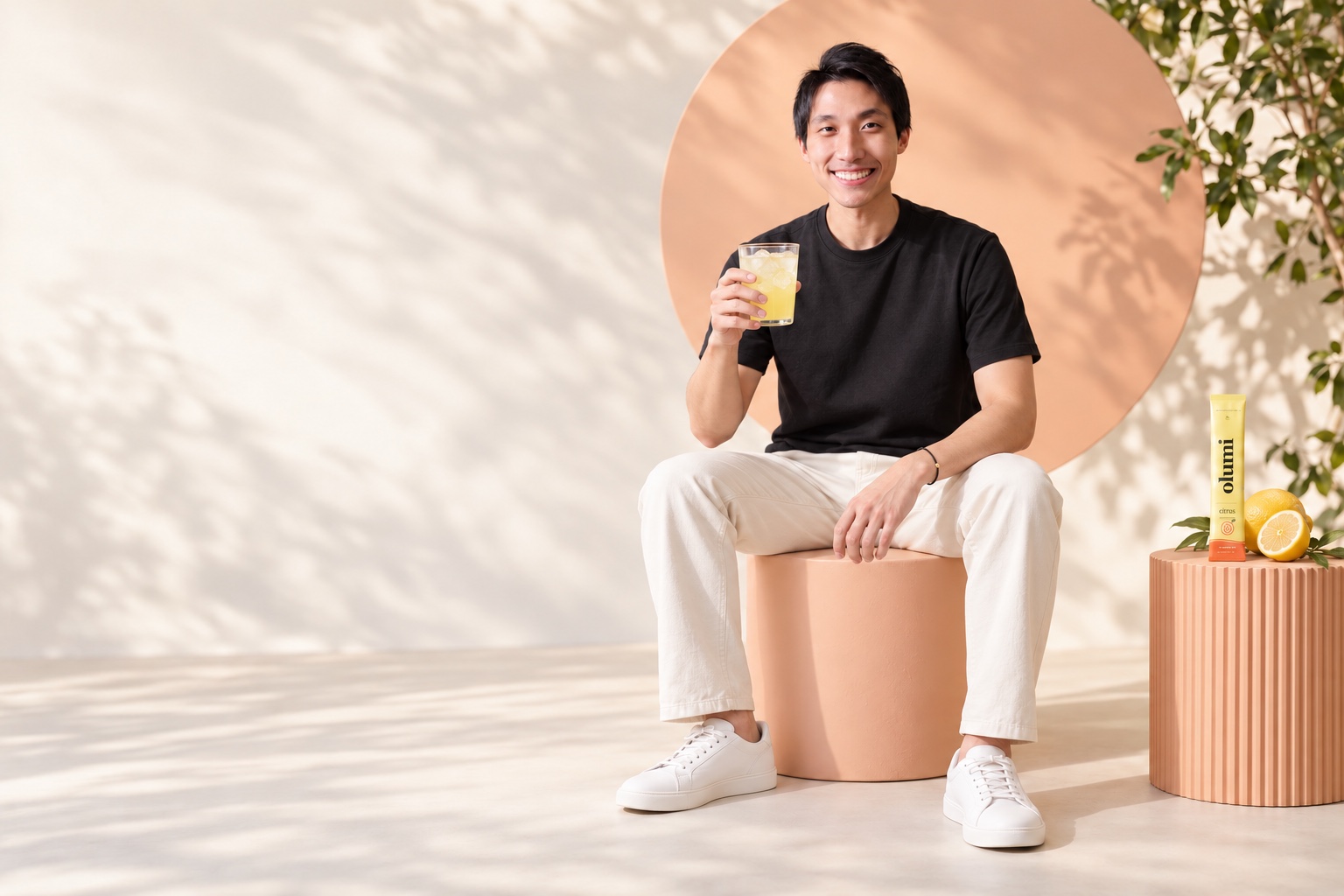 CGI campaign portrait of nutritionist and competitive eater Zermatt Neo with a citrus drink and slim Olumi sachet